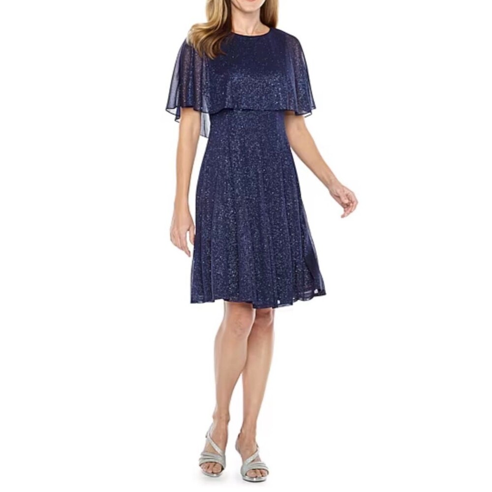 J Taylor Short Sleeve Fit + Flare Dress Navy Glitter Size 10 Petite